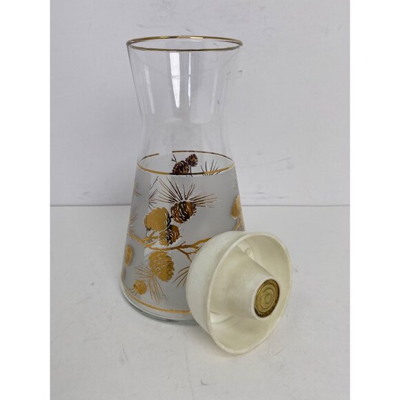Vintage 8" MCM Frosted Gold Pinecone Glass Carafe Pitcher Barware Lid - Picture 3 of 8